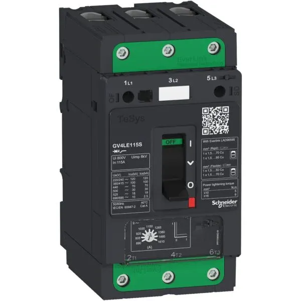 Schneider GV4LE02N | TeSys Deca, Motor circuit breaker, TeSys GV4, 3P, 2A, Icu 50kA, magnetic, EverLink terminals