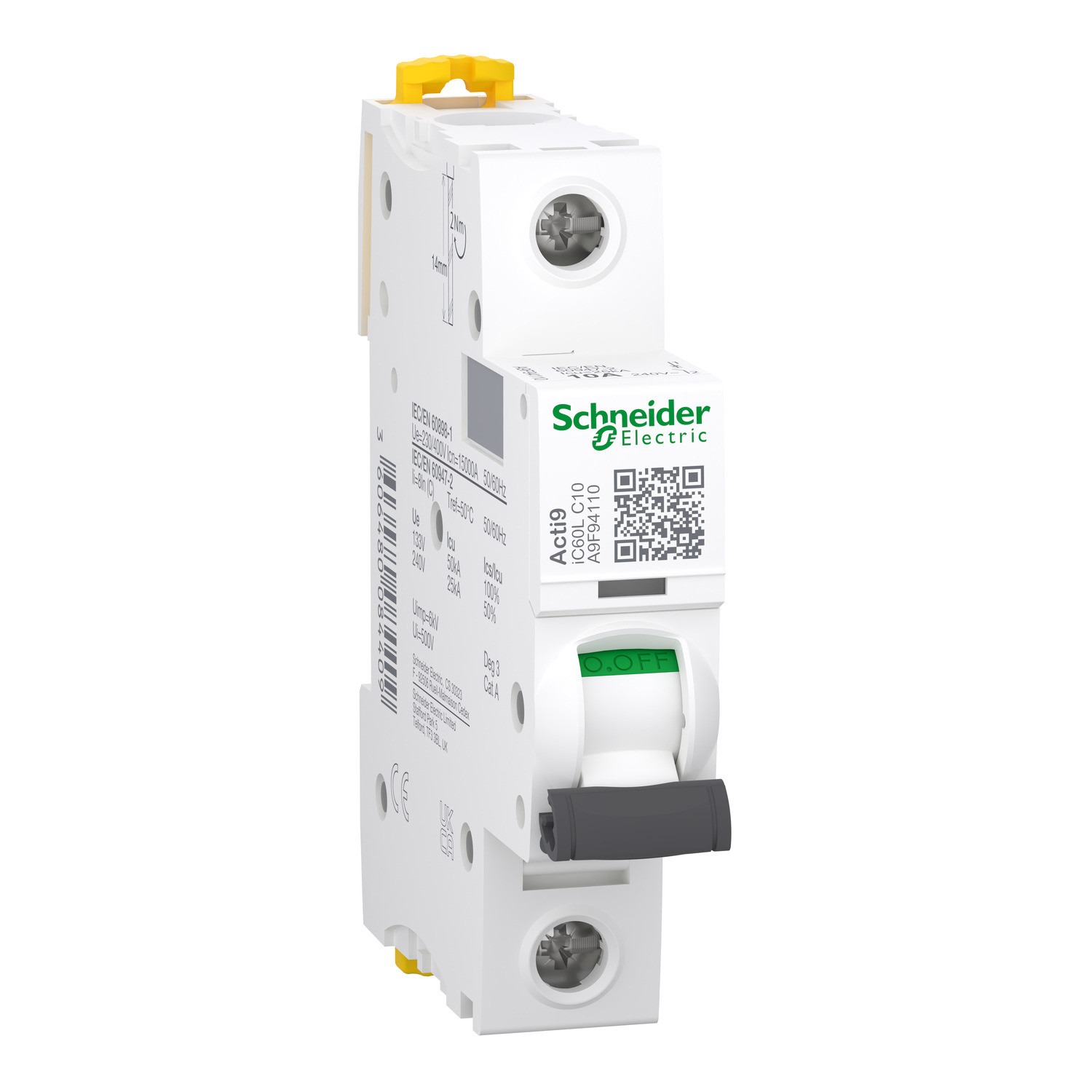Schneider A9F94110 | Miniature circuit-breaker, Acti9 iC60L, 1P, 10 A, C curve, 15000 A (IEC 60898-1), 25 kA (IEC 60947-2)